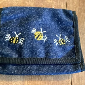 Vintage Unisex Trifold Denim Wallet Embroidered Lady Bugs  - Picture 1 of 4