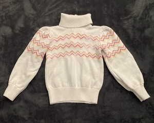 Janie And Jack Turtleneck Sweater Girls 5 Puff Sleeve White Knit Pastel Chevron - Picture 1 of 10
