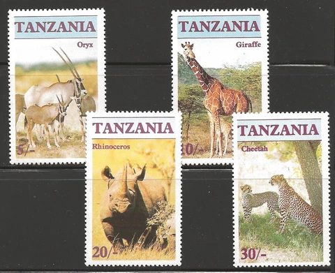 Tanzania - Scott #319-22 MNH Stamp Set - Animal Wildlife Rhino Giraffe Cheetah Cover