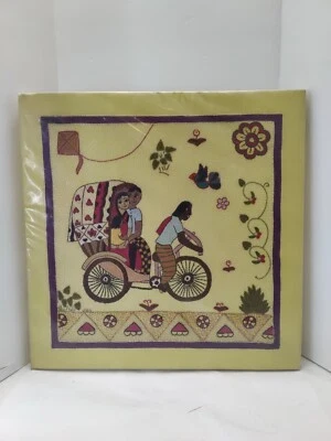 11x11 Embroidery Tapestry Bangladesh Folk Art Framed Rickshaw Puller With Lovers - Image 1 of 4