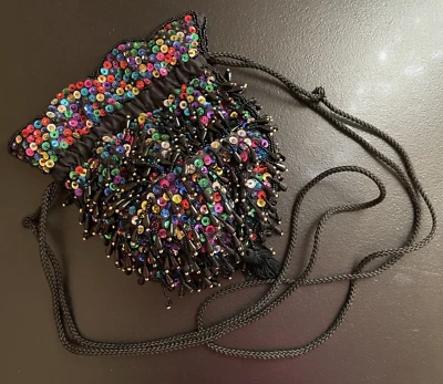 VINTAGE HAND MADE Black Draw String Multi ColorSequin Evening Bag Shoulder Strap - Image 1 of 4