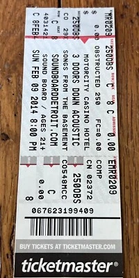3 Doors Down Acoustic Songs From The Basement Motor City Casino Ticket Stub 2014 - Image 1 of 2