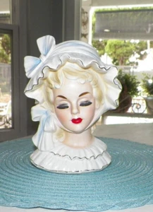 VINTAGE BLONDE HEAD VASE 7" WHITE & LIGHT BLUE - Picture 1 of 11