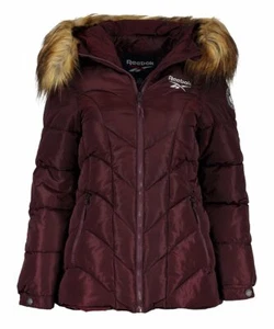 NEW REEBOK WOMEN CRANBERRY FAUX FUR HOOD PUFFER COAT STYLE OLRB209H MSRP: $145 - Picture 1 of 4