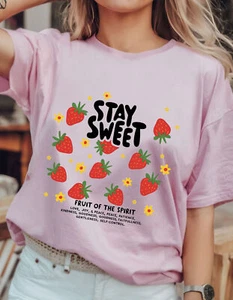 Stay Sweet Strawberry Graphic Tee Cute Fruit T-Shirt Comfy Unisex Shirt - Picture 1 of 24