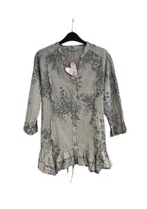 Per Una 3/4 Sleeved Cotton Blouse Size 18 Floral Striped Grey Button Up Frill - Picture 1 of 6