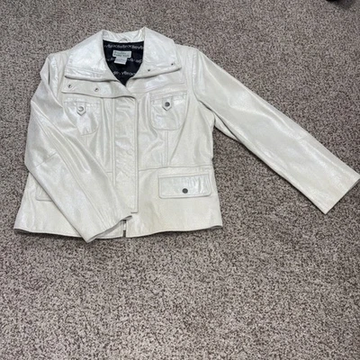 Bradley Bayou Leather Jacket Womens Sz Large Metallic Silver Zips Snaps - Image 1 of 4