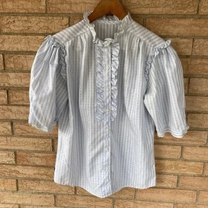 Vintage 70s Blue Striped High Ruffle Neck Victorian Prairie Blouse size S/M farm - Picture 1 of 8