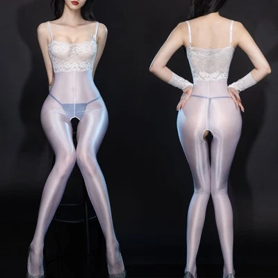 女士透明蕾丝连身裤闪亮开裆紧身连衣裤内衣派对俱乐部紧身衣 — 第 1/4 张图片