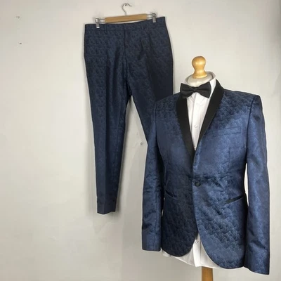 SIGUIENTE Traje de Cena Esmoquin 2 Piezas Para Hombre Azul Oscuro Conchas 40R Chaqueta 34W 31L Ajustado Foto 1 de 4