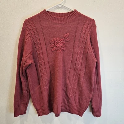 Vintage 90’s Haband! Pink Floral Cable Knit Crew Neck Sweater Cozy Cabin Med - Image 1 of 4