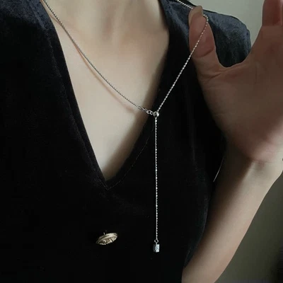 Sparkle Lariat S925 Silver Beads&Box Chain Six-character Mantra Pendant Necklace - Image 1 of 4