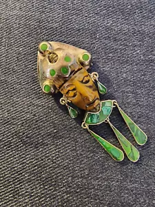 TD-58 Mexico Vintage sterling silver tiger eye face/mask & Malachite Pendant pin - Picture 1 of 3