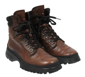 Prada Combat Hiking Boots Sz US 8.5 UK 7.5 Brown Leather Lug Sole Hook Eye Lace - Picture 1 of 11