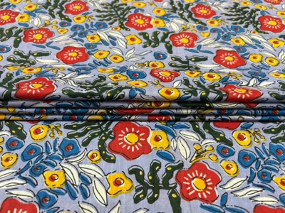 5 Yards Fabric Indian Blue Floral Hand Block Print Cotton Fabric Sewing Fabrics - Image 1 of 4