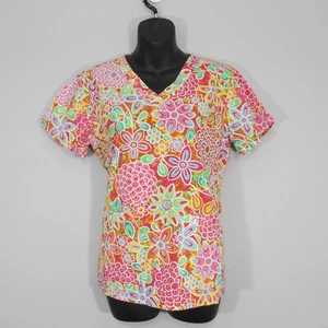 Peaches Women's Scrub Top Small Pink Floral Hippie Retro Small - Picture 1 of 6