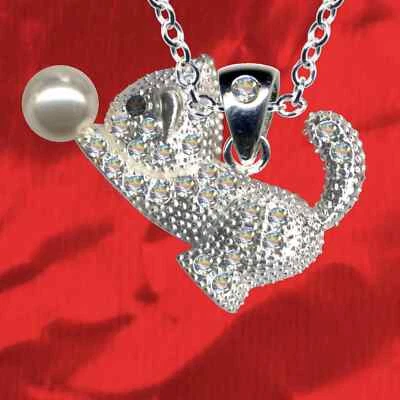 NEU Katzen Anhänger + Kette Echt 925 Sterling Silber Strass Zirkonia + Perle  - Bild 1 von 3
