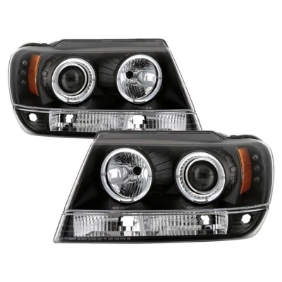 NEW Blk 99-04 Jeep Grand Cherokee LED Halo Projector Headlights Left+Right - Image 1 of 4