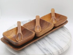 MCM Wood Condiment Nut 7 PIECE Serving Tray w/ 3 UNUSUAL Square Bowls w/3 Spoons - Picture 1 of 10