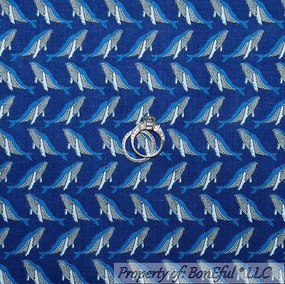 BonEful Fabric FQ Cotton Quilt Blue White WHALE Ocean Fish Calico Stripe Sea USA - Image 1 of 4