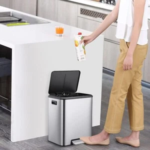 Double Trash Can, Stainless Steel 2 x 4 Gallon Trash Can with Lid and Inner Bin - Picture 1 of 9
