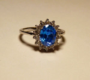 Swiss Blue Zircon Gemstone (lab created) sterling silver Halo Ring, Size 7 - Picture 1 of 5