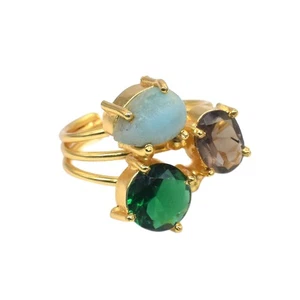 Hermoso Anillo Larimar Chapado en Oro Tres Piedras Ajustable Moda Anillo U935 - Imagen 1 de 5