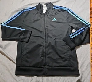 Adidas Jacket Youth Unisex Black Blue Stripe Full Zip Track Active Outdoors - Picture 1 of 13