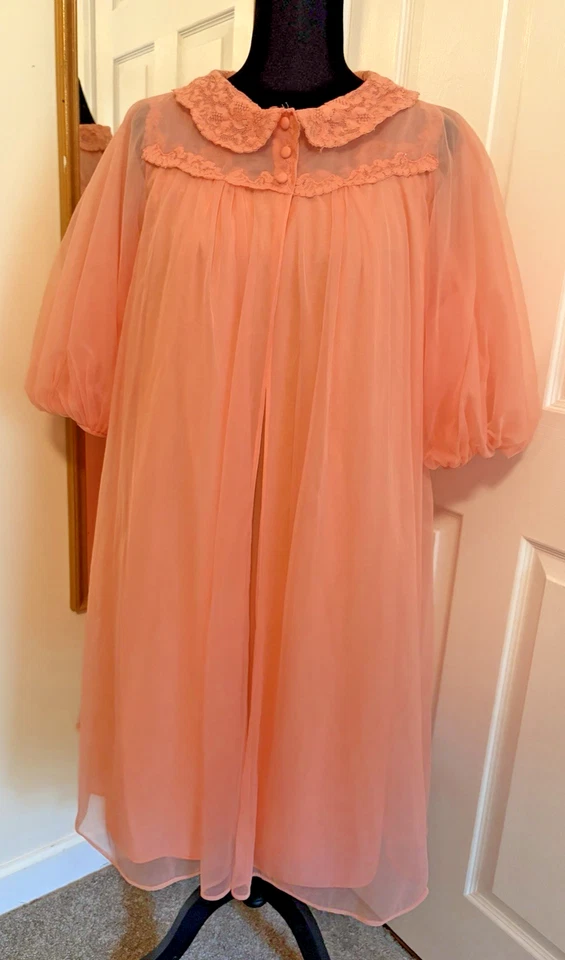 Vintage Gossard Artemis Coral Pink Peignoir Chiffon Nightgown & Robe Set Small - Image 1 of 4