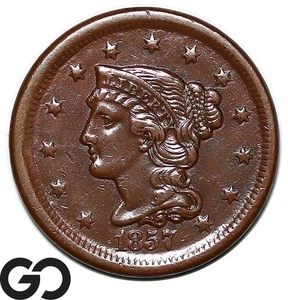 1857 Large Cent, Braided Hair, Small Date, Choice AU+ - Picture 1 of 3