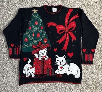 Vintage 90s Nutcracker Brand Holiday Cats Presents Large Ugly Christmas Sweater - Image 1 of 4