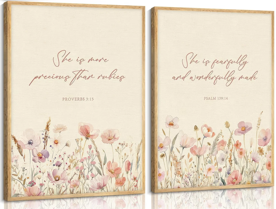 Lienzo cristiano enmarcado 2 piezas arte de pared flor silvestre versículo bíblico pintura... Foto 1 de 1