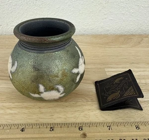 Raku Art Studio Keramik kleine Vase grün metallic Schildkröte Marine Dream signiert - Bild 1 von 8
