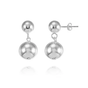 Sterling Silver Graduated Double Ball Bead Dangle Drop Earrings - Picture 1 of 4