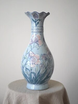 Large Blue Pink Green Oriental Chinese Porcelain Vase Hand Painted Floral Motif - Image 1 of 4
