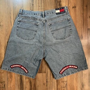 Vintage Tommy Hilfiger Shorts Adult 38 Blue Denim Y2K Big Flag Logo Unique - Picture 1 of 15