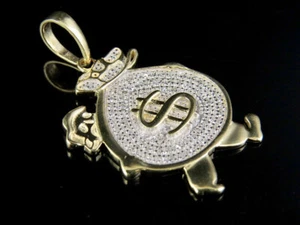 Men's 10K Yellow Gold Real Diamonds Running Money Bag Charm Pendant 0.25Ct 1.2" - Picture 1 of 6