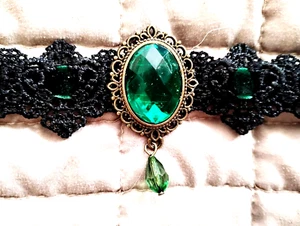 Gothic Choker Necklace,Jewery, Handmade Black Lace, GREEN12/13" #B1 - Picture 1 of 3