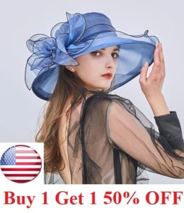 Kentucky Derby Wide Brim Mesh Foldable Hat Women Floral Church Party Formal Cap - Picture 1 of 12