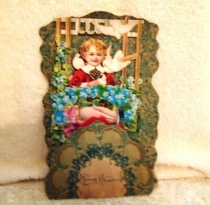 Vintage Fold Out Stand up Valentine Card Flowery 1930's Little Boy - Picture 1 of 6