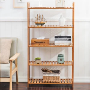 Bamboo Wooden Bookshelf Bookcase Storage Rack Plant Flower Display Shelving UK - Picture 1 of 6