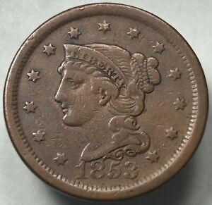1853 US Liberty Braided Hair Large One Cent Choice VF