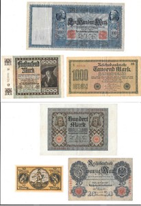 German Empire And Weimar Republic Collection Lot of 6 Banknotes 1907-1922 1A4.2