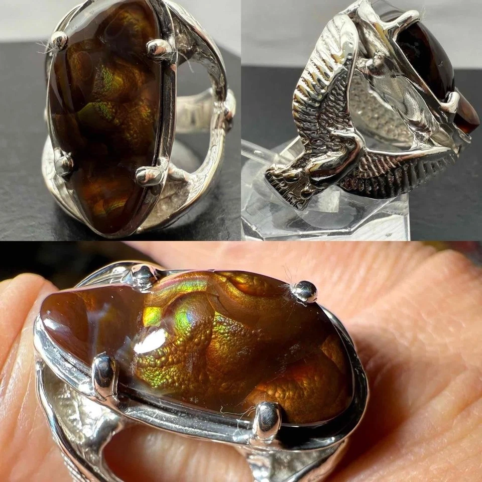 ANILLO ÁGUILA 9.465 CT ÁGATA DE FUEGO MEXICANA .925 ESTERLINA HECHA A MANO PARA HOMBRE TALLA 9.75, 15GR Foto 1 de 1