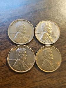 Lot Of 4 AU Wheat Cents 1934 1936 1938 1939 - Picture 1 of 10