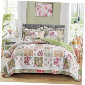 Patchwork Quilt Set King Size,3 Pieces White Pink Floral King 90*102 Green - Picture 1 of 7