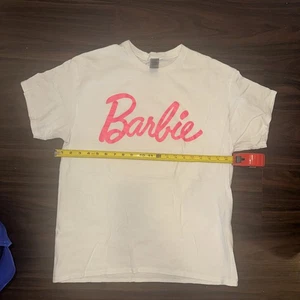Barbie Logo T Shirt White Pink Graphic Tee Top Women's Short Sleeve Size L - Picture 1 of 4