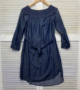 Jacqui E Dress Size 12 Chambray Navy Belted Ruched Neckline - Picture 1 of 8