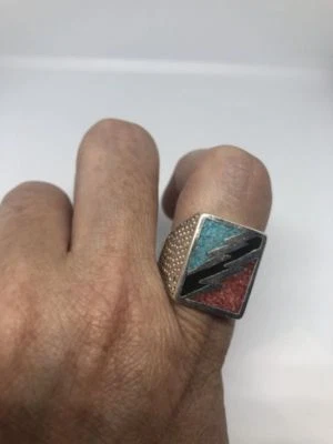 Vintage Southwestern Silver White Bronze Inlay Lightning Bolt Size 13 Ring - Image 1 of 4