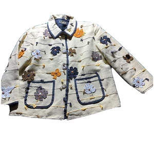 Allure Jacket Women sz MEDIUM Khaki Button Flowers Felt 3D Embroidered Floral - Picture 1 of 8